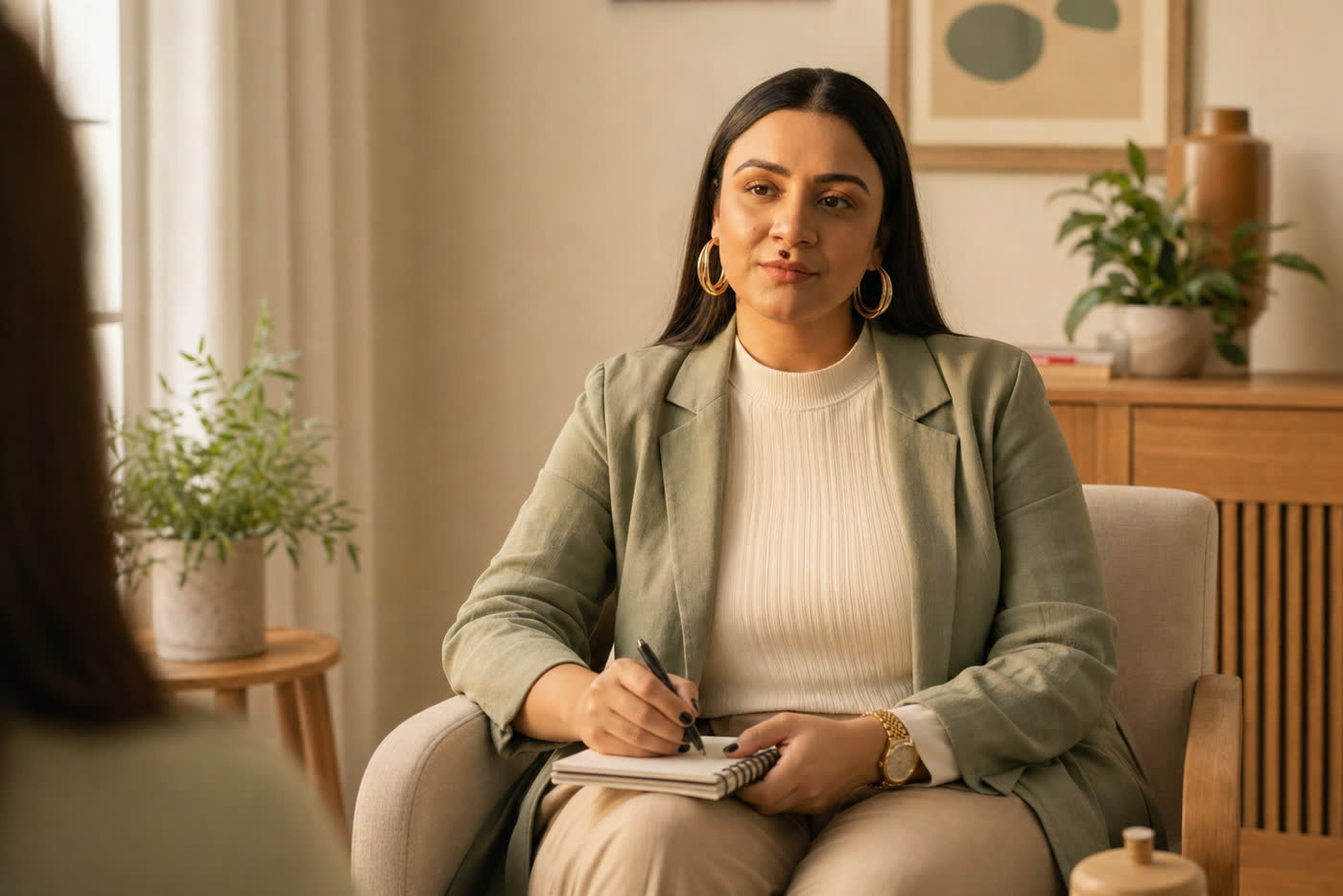 Flávia Santos durante uma escuta profissional em consultório